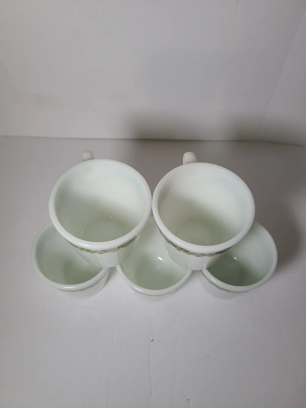 Vintage Pyrex White Milk Glass Planter Cups with Green CraY Daisy - Set of 5